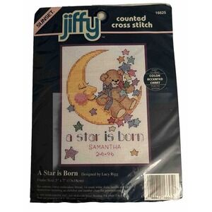 Vtg Jiffy A Star is Born Birth Record X Stitch Kit Moon Stars Teddy Bear 5"x7"